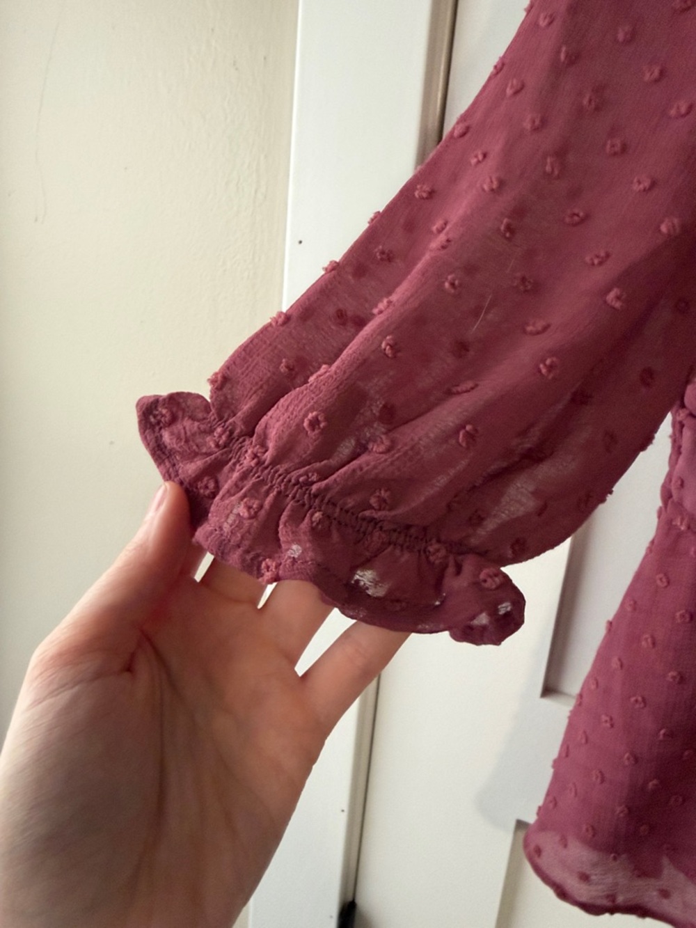 Monteau Plum Swiss Dot Long Sleeve Blouse - Picture 3 of 6